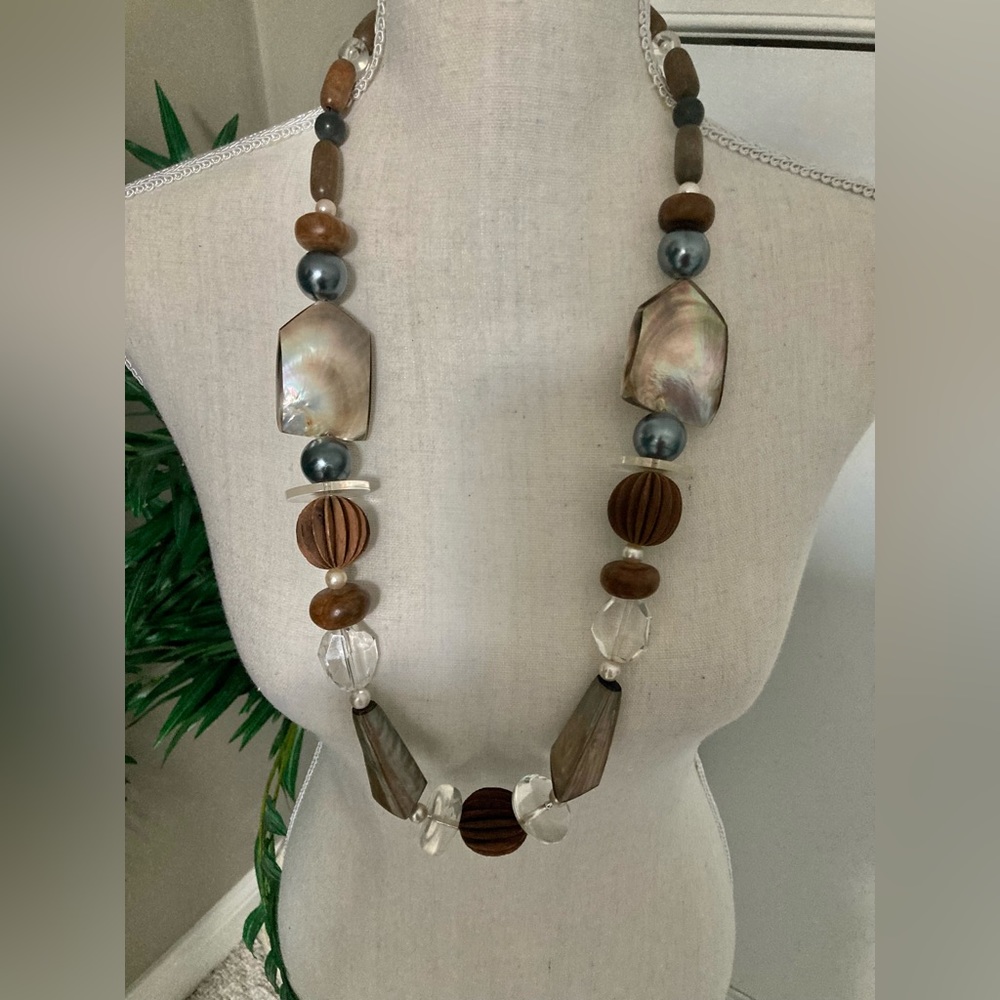 Abstract Modernist Long Chunky Necklace in Wood, Lucite & Mother of Pearl Beads